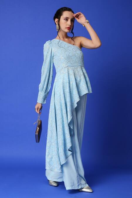 Shop Monk & Mei By Sonia Anand Blue Georgette Sequins, Embroidery Asymmetric One Shoulder Top And Palazzo Set Online at Aza Fashions Shop_Monk & Mei By Sonia Anand_Blue Georgette Sequins, Embroidery Asymmetric One Shoulder Top And Palazzo Set _Online_at_Aza_Fashions