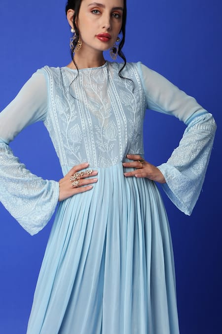 Monk & Mei By Sonia Anand_Blue Georgette Embroidery Round Neck Chikankari Jumpsuit _Online_at_Aza_Fashions