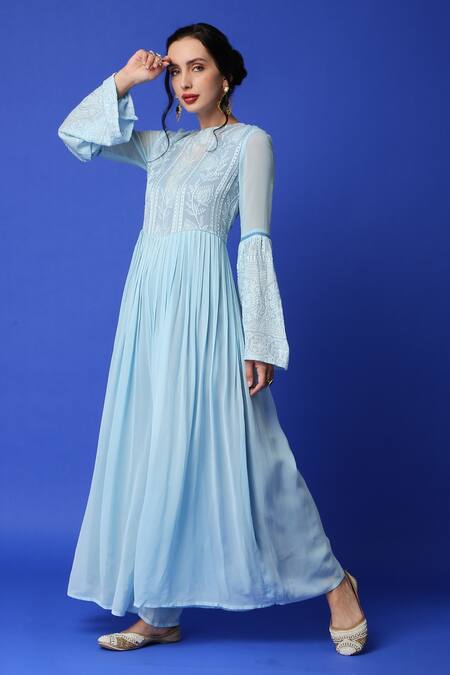 Buy_Monk & Mei By Sonia Anand_Blue Georgette Embroidery Round Neck Chikankari Jumpsuit _Online_at_Aza_Fashions