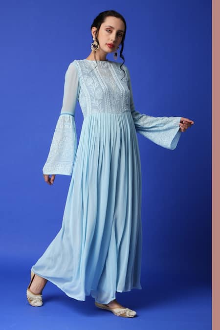 Shop_Monk & Mei By Sonia Anand_Blue Georgette Embroidery Round Neck Chikankari Jumpsuit _Online_at_Aza_Fashions