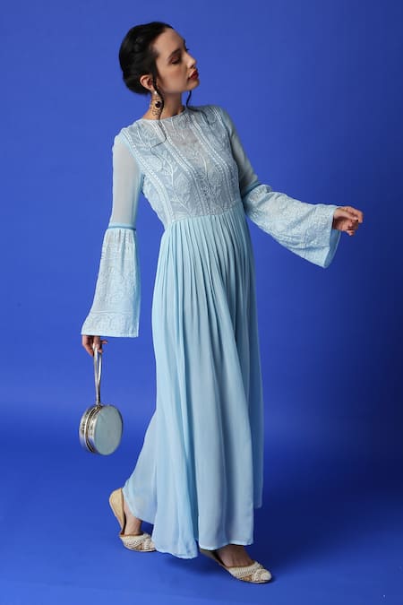 Monk & Mei By Sonia Anand_Blue Georgette Embroidery Round Neck Chikankari Jumpsuit _at_Aza_Fashions