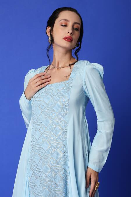 Monk & Mei By Sonia Anand Blue Georgette Mirrors Square Neck Chikankari Embroidered Cowl Dress Online at Aza Fashions Monk & Mei By Sonia Anand_Blue Georgette Mirrors Square Neck Chikankari Embroidered Cowl Dress _Online_at_Aza_Fashions