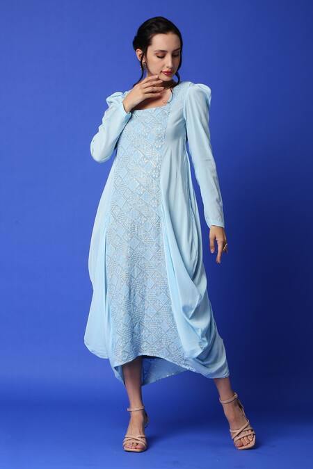Buy Monk & Mei By Sonia Anand Blue Georgette Mirrors Square Neck Chikankari Embroidered Cowl Dress Online at Aza Fashions Buy_Monk & Mei By Sonia Anand_Blue Georgette Mirrors Square Neck Chikankari Embroidered Cowl Dress _Online_at_Aza_Fashions