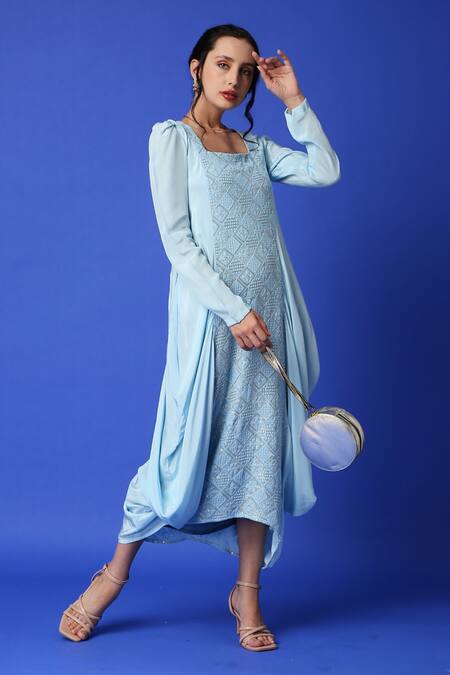 Monk & Mei By Sonia Anand Blue Georgette Mirrors Square Neck Chikankari Embroidered Cowl Dress at Aza Fashions Monk & Mei By Sonia Anand_Blue Georgette Mirrors Square Neck Chikankari Embroidered Cowl Dress _at_Aza_Fashions