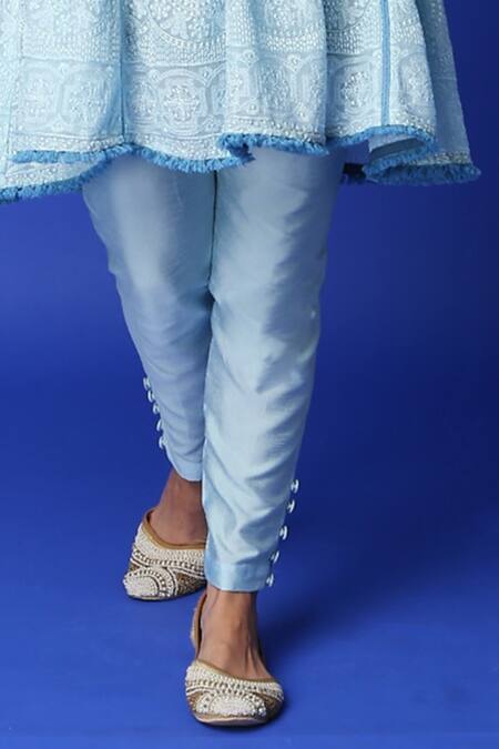 Monk & Mei By Sonia Anand_Blue Georgette Lace, Embroidery Split V-neck Chikankari Anarkali Set _at_Aza_Fashions