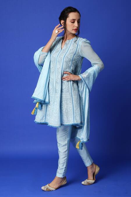Shop_Monk & Mei By Sonia Anand_Blue Georgette Lace, Embroidery Split V-neck Chikankari Anarkali Set _Online_at_Aza_Fashions
