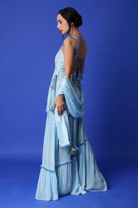 Monk & Mei By Sonia Anand_Blue Georgette Lace, Tassels, Embroidery Square Neck Kurta Lehenga Set _Online_at_Aza_Fashions