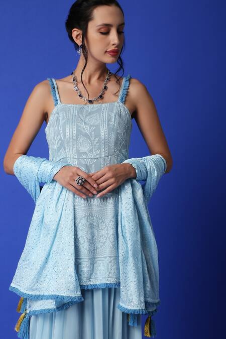 Buy_Monk & Mei By Sonia Anand_Blue Georgette Lace, Tassels, Embroidery Square Neck Kurta Lehenga Set _Online_at_Aza_Fashions