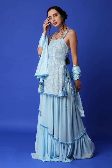 Shop_Monk & Mei By Sonia Anand_Blue Georgette Lace, Tassels, Embroidery Square Neck Kurta Lehenga Set _Online_at_Aza_Fashions
