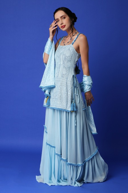 Shop_Monk & Mei By Sonia Anand_Blue Georgette Lace, Tassels, Embroidery Square Neck Kurta Lehenga Set _Online_at_Aza_Fashions