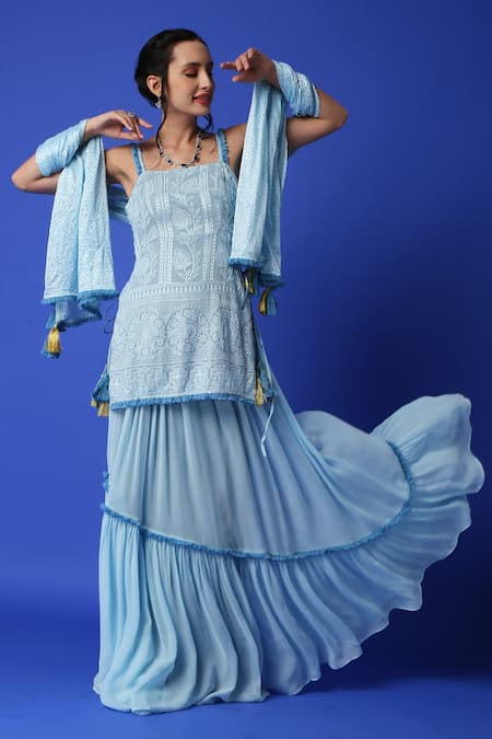 Monk & Mei By Sonia Anand_Blue Georgette Lace, Tassels, Embroidery Square Neck Kurta Lehenga Set _at_Aza_Fashions