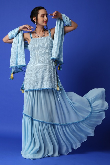 Monk & Mei By Sonia Anand_Blue Georgette Lace, Tassels, Embroidery Square Neck Kurta Lehenga Set _at_Aza_Fashions