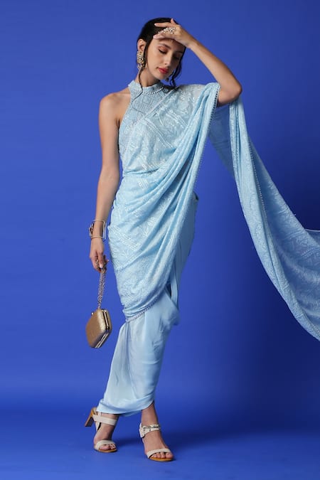 Monk & Mei By Sonia Anand_Blue Georgette Embroidery Halter Neck Pre-stitched Dhoti Saree With Blouse _at_Aza_Fashions