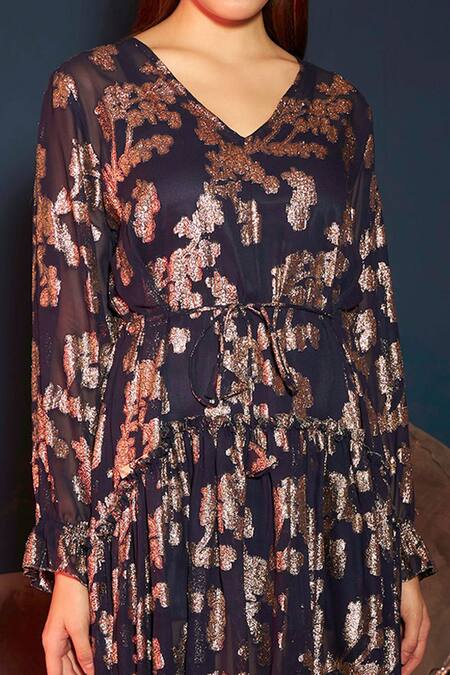 Tasuvure_Blue Satin Floral, Mesh V Neck Miami Muse Embroidered Dress_Online_at_Aza_Fashions