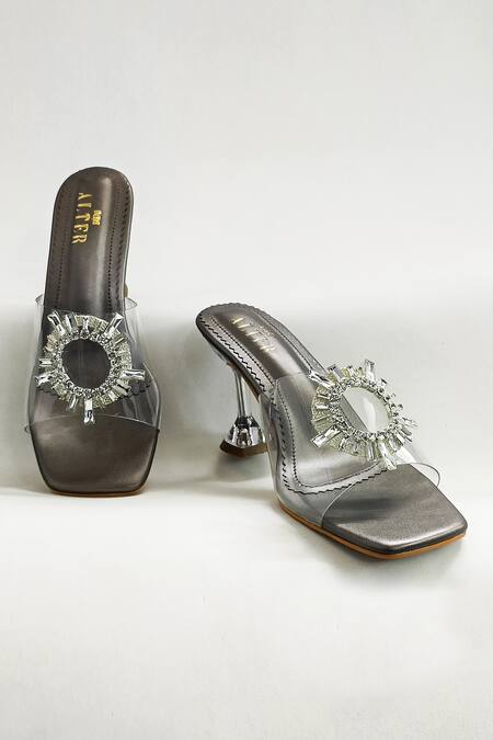 Shop_The Alter_Grey Rhinestones Estella Transparent Strap Embellished Pyramid Heels_Online_at_Aza_Fashions