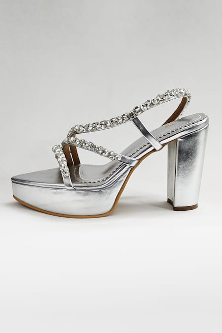 The Alter_Silver Rhinestones Kiara Strap Embellished Platform Block Heels _Online_at_Aza_Fashions