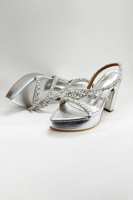 Buy_The Alter_Silver Rhinestones Kiara Strap Embellished Platform Block Heels _Online_at_Aza_Fashions