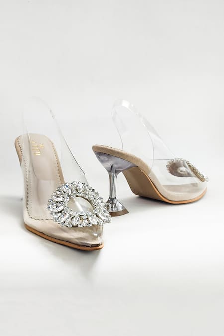 The Alter_Beige Crystals, Rhinestones Layla Pointed Toe Pyramid Heels _Online_at_Aza_Fashions