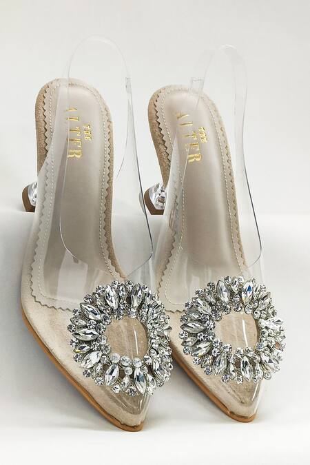 Buy_The Alter_Beige Crystals, Rhinestones Layla Pointed Toe Pyramid Heels _Online_at_Aza_Fashions