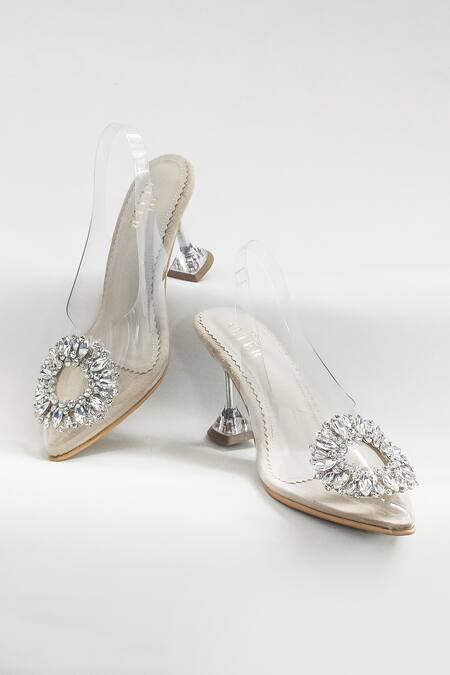 Shop_The Alter_Beige Crystals, Rhinestones Layla Pointed Toe Pyramid Heels _Online_at_Aza_Fashions