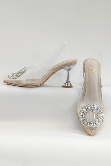 The Alter_Beige Crystals, Rhinestones Layla Pointed Toe Pyramid Heels _at_Aza_Fashions