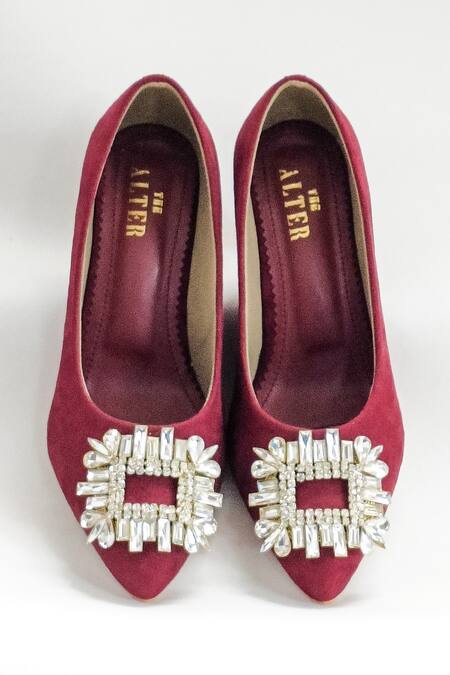 Shop_The Alter_Maroon Rhinestones Sophie Embellished Stiletto Heels _Online_at_Aza_Fashions