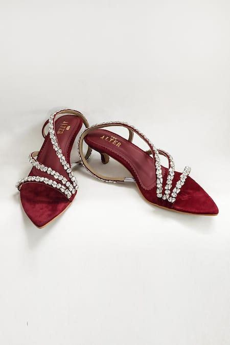 The Alter_Maroon Rhinestones Kiara Embellished Kitten Heels _Online_at_Aza_Fashions