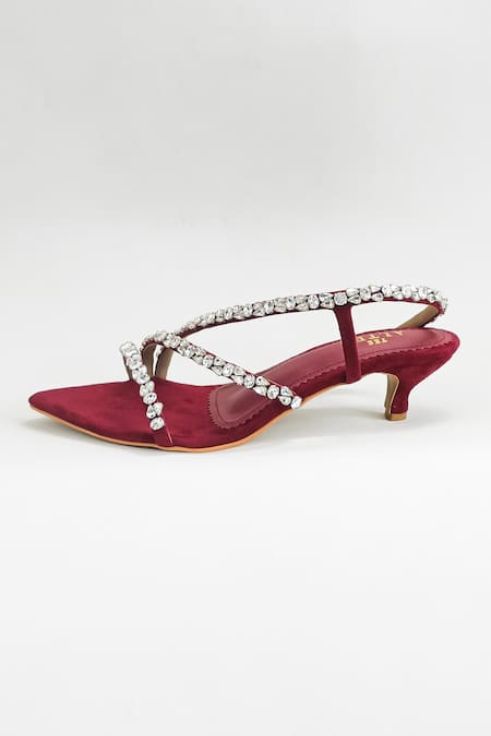 Shop_The Alter_Maroon Rhinestones Kiara Embellished Kitten Heels _Online_at_Aza_Fashions