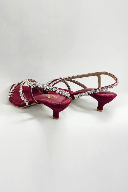 The Alter_Maroon Rhinestones Kiara Embellished Kitten Heels _at_Aza_Fashions