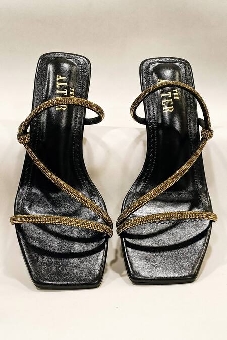 Shop_The Alter_Black Rhinestones Roxie T-shaped Strappy Stiletto Heels _Online_at_Aza_Fashions