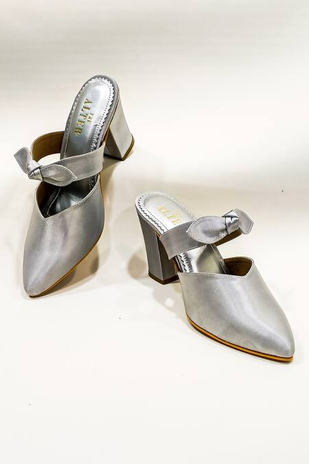 Buy The Alter Silver Metallic Satin Beverly Bow Block Heels Buy_The Alter_Silver Metallic Satin Beverly Bow Block Heels