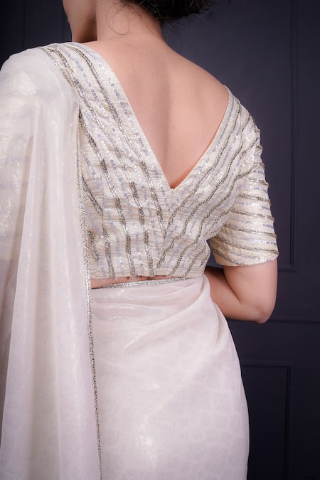 Shop_Srota By Srishti Aggarwal_White Gold Silver Foil Pattern Embroidery Sequins V Neck Saree With Blouse_Online_at_Aza_Fashions