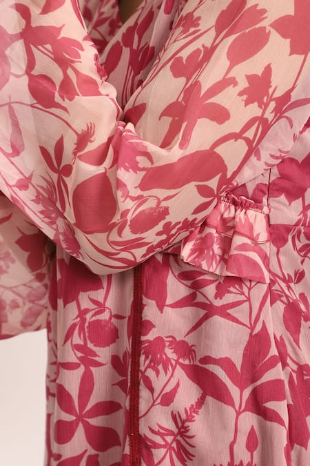 Buy_Aroop Shop India_Pink Chiffon V-neck Elisa Lacy Floral Print Dress _Online_at_Aza_Fashions