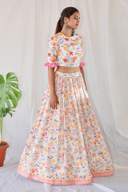 Shachi Sood_Off White Organza, Dupion Silk, Butter Crepe Floral Round Print Lehenga Set _Online_at_Aza_Fashions