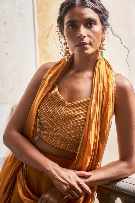 Shop_17:17 By Simmi Saboo_Yellow Muslin Silk And Organza Embroidery Border Lehenga Saree With Bustier _Online_at_Aza_Fashions
