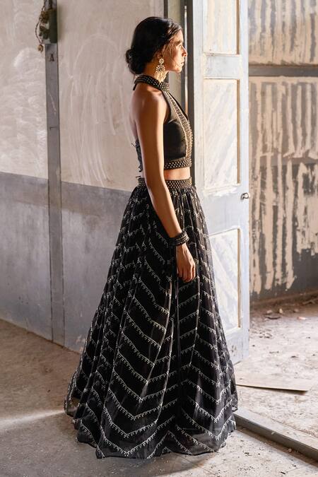 17:17 By Simmi Saboo_Black Muslin Silk Bandhani Print, Sequin And Resham Isra Lehenga And Bustier Set_Online_at_Aza_Fashions