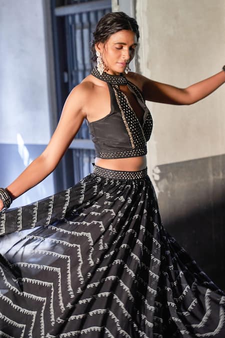 Shop_17:17 By Simmi Saboo_Black Muslin Silk Bandhani Print, Sequin And Resham Isra Lehenga And Bustier Set_Online_at_Aza_Fashions