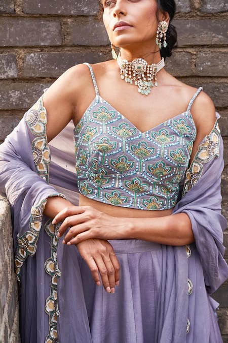 Shop_17:17 By Simmi Saboo_Purple Organza, Muslin Silk Bandhani Saba Lotus Pattern Embroidered Lehenga Set_Online_at_Aza_Fashions