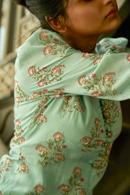 17:17 By Simmi Saboo Blue Muslin Silk Floral Print, Cut Dana, Thread And Zoya Kurta And Gharara Set Online at Aza Fashions 17:17 By Simmi Saboo_Blue Muslin Silk Floral Print, Cut Dana, Thread And Zoya Kurta And Gharara Set_Online_at_Aza_Fashions