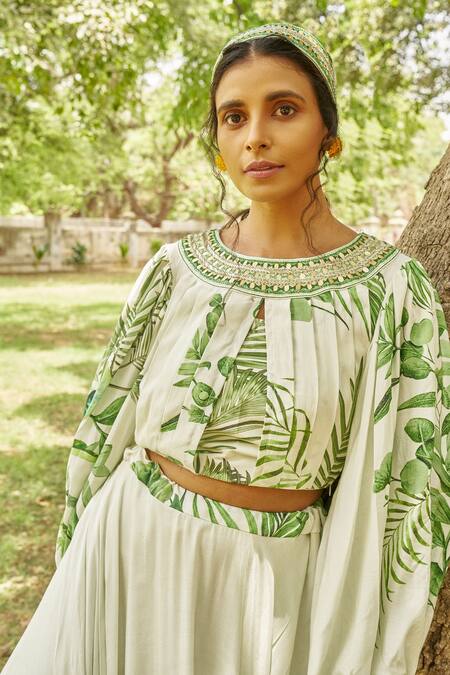 Buy_17:17 By Simmi Saboo_Off White Muslin Silk Sequin, Tropical Print, Rabia Lehenga And Bustier Set_Online_at_Aza_Fashions