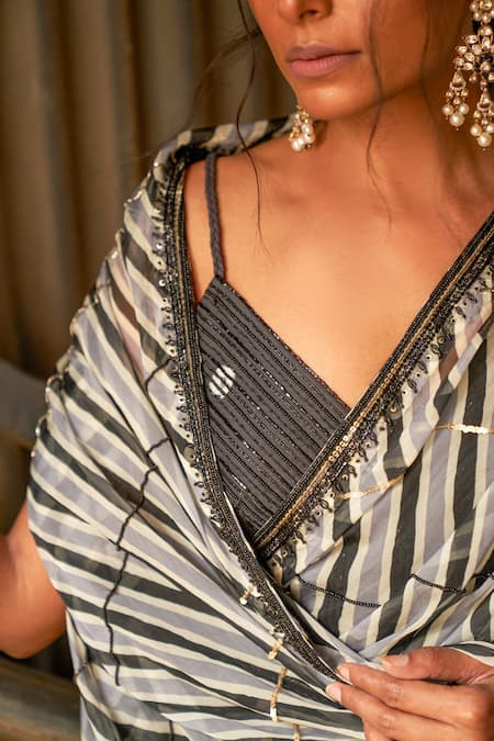 Shop_17:17 By Simmi Saboo_Black Organza, Muslin Silk Chevron Print, Yusra Leheriya Saree With Bustier_Online_at_Aza_Fashions