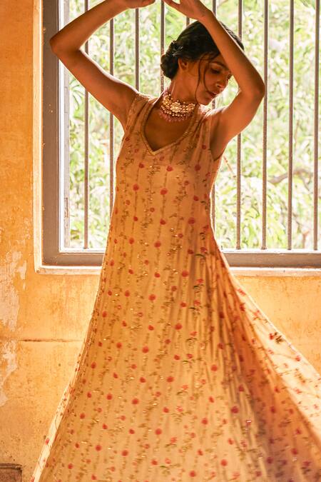 17:17 By Simmi Saboo_Beige Muslin Silk Cut Dana, Floral Stripe Print, Zari Zainab Embroidered Gown_Online_at_Aza_Fashions
