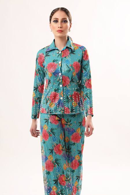 Nitya Bajaj_Green Net Printed And Embroidered Floral Sequin Shirt & Pant Set _Online_at_Aza_Fashions