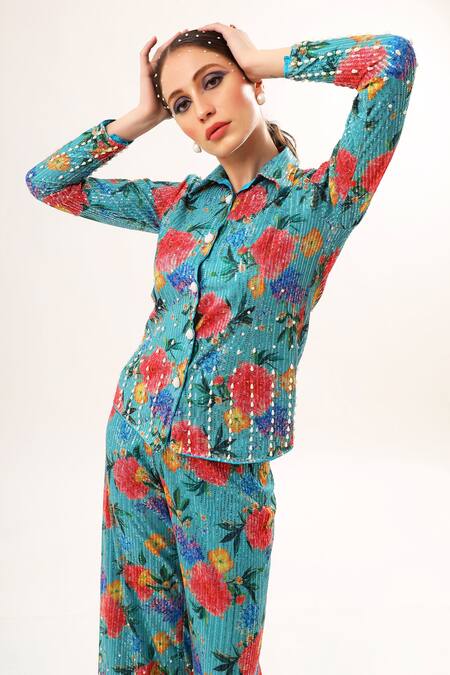 Buy_Nitya Bajaj_Green Net Printed And Embroidered Floral Sequin Shirt & Pant Set _Online_at_Aza_Fashions