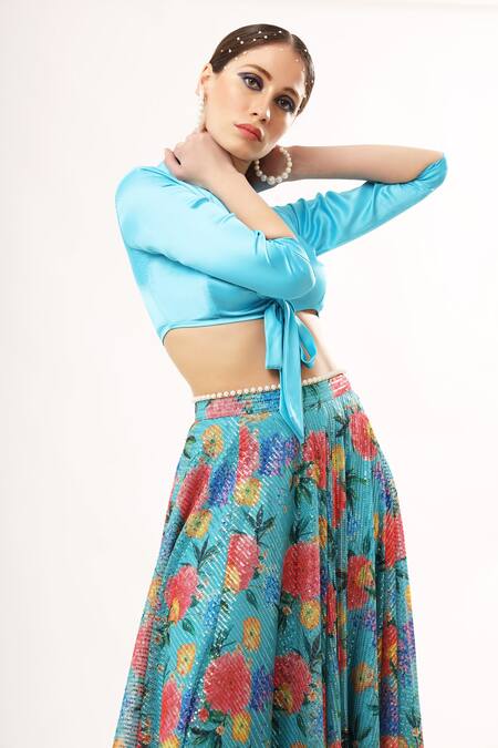 Buy_Nitya Bajaj_Blue Net, Satin Sequins V-neck Floral Print Skirt And Top Set_Online_at_Aza_Fashions