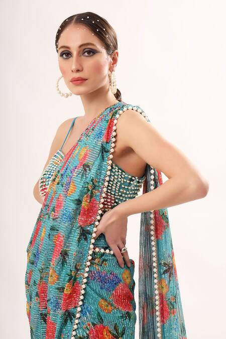Nitya Bajaj_Green Net, Satin Pearls, Sequins Sweetheart Floral Print Pant Saree And Blouse Set_Online_at_Aza_Fashions