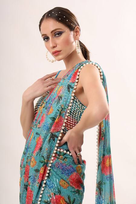 Buy_Nitya Bajaj_Green Net, Satin Pearls, Sequins Sweetheart Floral Print Pant Saree And Blouse Set_Online_at_Aza_Fashions