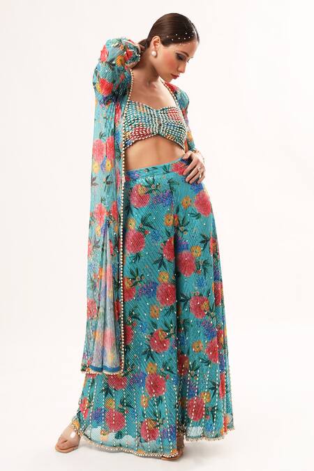 Nitya Bajaj_Green Net, Satin Pearls, Sequins Open Neck, Floral Print Jacket Sharara Set_Online_at_Aza_Fashions