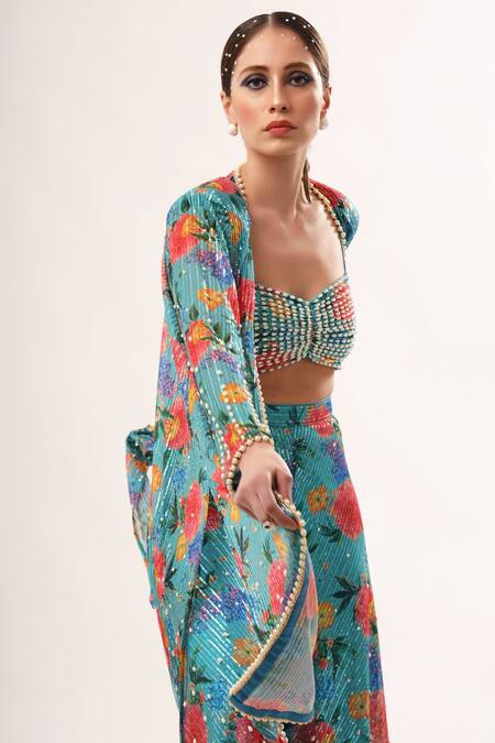 Buy_Nitya Bajaj_Green Net, Satin Pearls, Sequins Open Neck, Floral Print Jacket Sharara Set_Online_at_Aza_Fashions