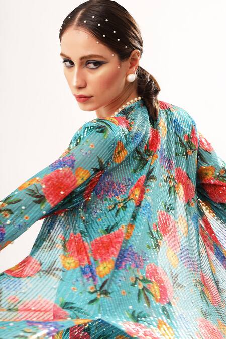 Shop_Nitya Bajaj_Green Net, Satin Pearls, Sequins Open Neck, Floral Print Jacket Sharara Set_Online_at_Aza_Fashions